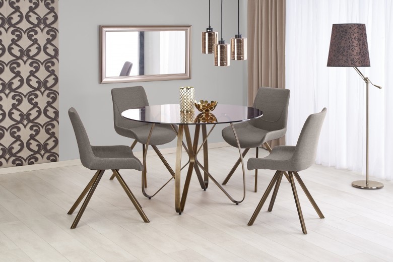 Set masa rotunda din sticla si metal Lungomaris Maro+ 4 Scaune Kai-290 Grej, Ø120xH76 cm