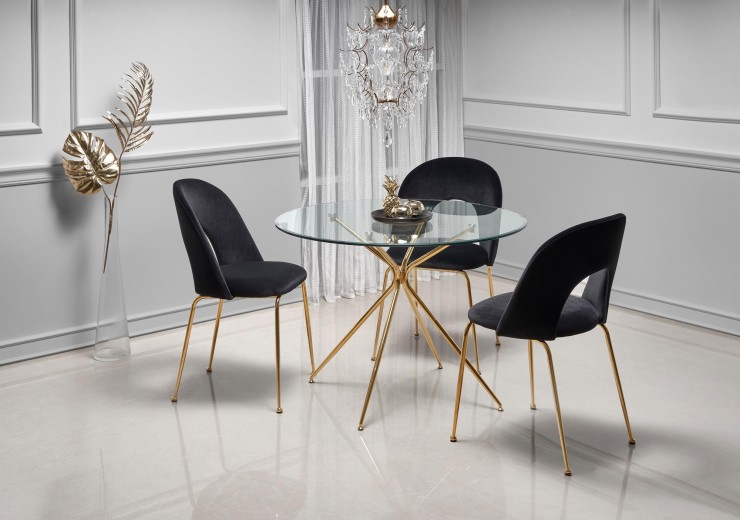 Set masa rotunda din sticla si metal Rodney Transparent / Auriu + 4 scaune tapitate cu stofa Kai-385 Velvet Negru / Auriu, Ø110xH74 cm