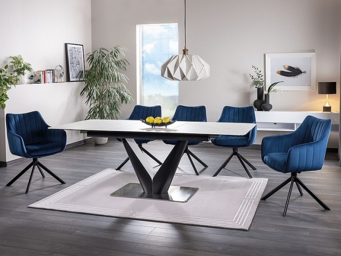 Set masa extensibila din ceramica, MDF, sticla si metal, Cantado Alb / Negru + 6 Scaune rotative tapitate cu stofa si picioare metalice, Aziel Velvet Bleumarin / Negru, L160-220xl90xH76 cm