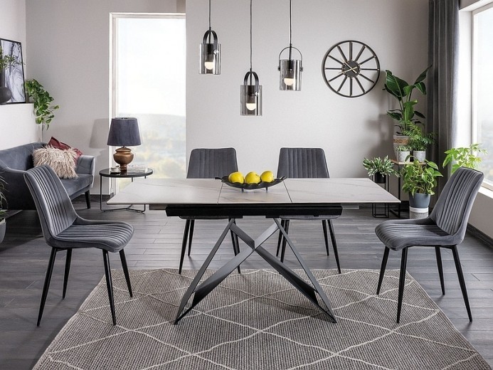 Set masa extensibila din ceramica, sticla si metal, Wesley SC Alb / Negru Mat + 4 Scaune tapitate cu stofa si picioare metalice, Kimberly Velvet Gri / Negru, L120-160xl80xH76 cm