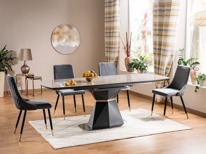 Set masa extensibila din MDF, ceramica si metal Corentin Gri + 4 scaune tapitate cu stofa Pirro Velvet Gri / Negru / Auriu, L160-210xl90xH76 cm