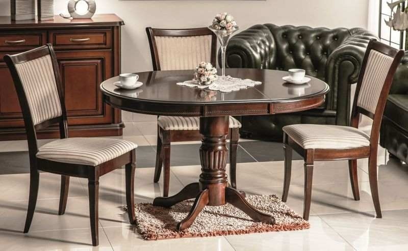 Set masa extensibila din MDF, furnir si lemn, Margareta Nuc Inchis + 4 Scaune din lemn tapitate cu stofa, Main-SC Bej / Nuc Inchis, L90-125xl90xH75 cm