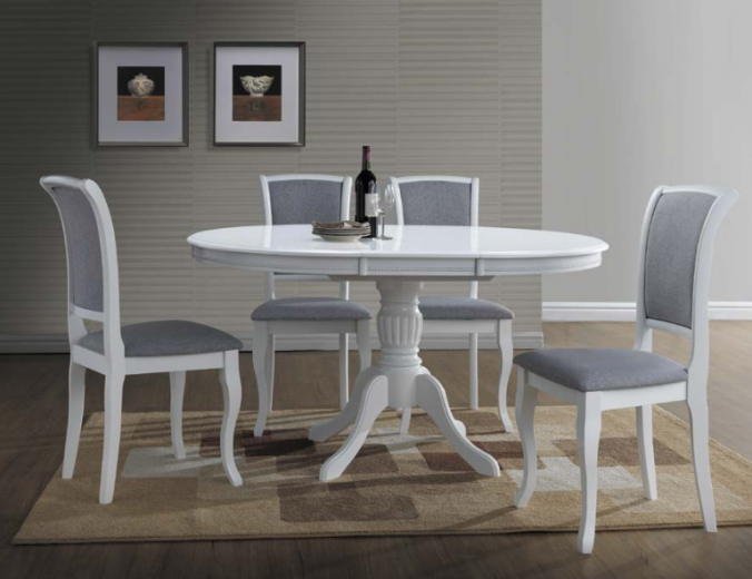 Set masa extensibila din MDF, furnir si lemn, Onelia Alb + 4 Scaune din lemn tapitate cu stofa, Main-SC Alb / Gri, L106-141xl106xH76 cm