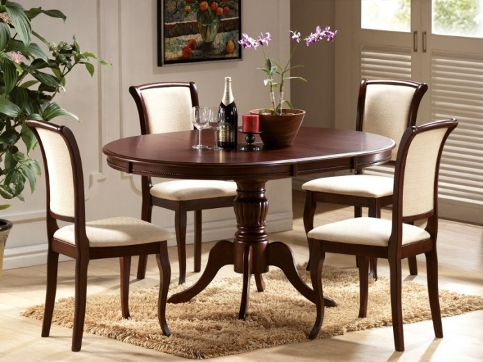 Set masa extensibila din MDF, furnir si lemn, Onelia Nuc Inchis + 4 Scaune din lemn tapitate cu stofa, Main-SC Crem / Nuc Inchis, L106-141xl106xH76 cm