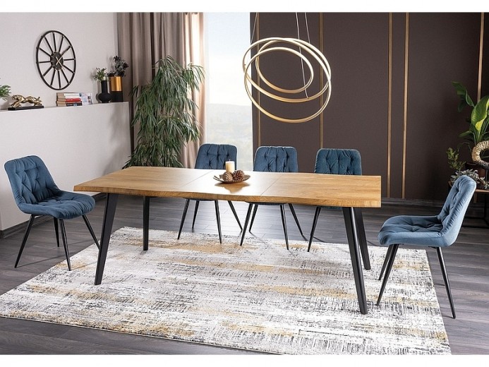 Set masa extensibila din MDF, furnir si metal, Freddy Stejar Natural / Negru + 6 Scaune tapitate cu stofa si picioare metalice, Pasha Bleumarin / Negru, L150-210xl90xH76 cm