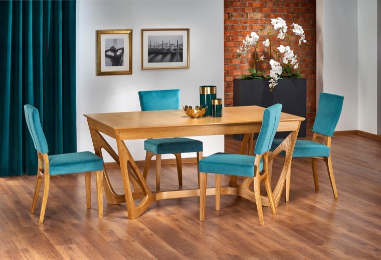 Set masa extensibila din MDF si lemn Wency Stejar + 4 scaune tapitate cu stofa Wency Turcoaz / Stejar, L160-240xl100xH77 cm