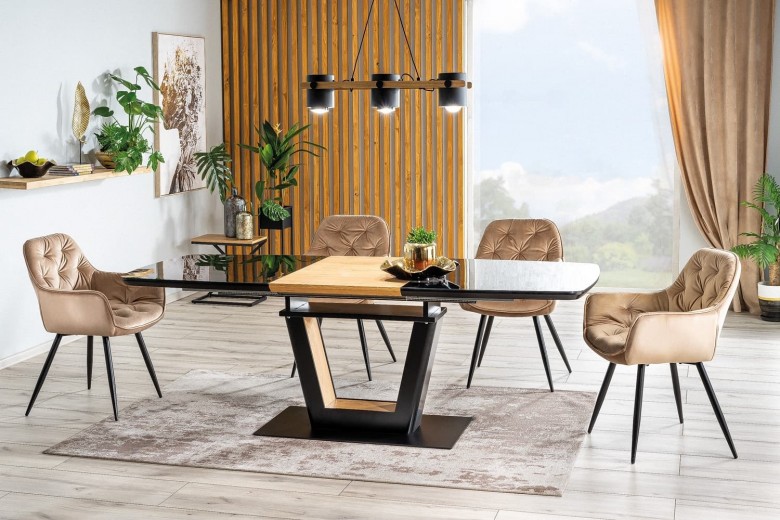 Set masa extensibila din MDF, sticla si metal, Sygurd Stejar / Negru + 4 Scaune tapitate cu stofa si picioare metalice, Clyde Velvet Bej / Negru, L160-220xl90xH76 cm