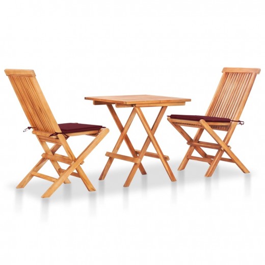 Set masa + 2 scaune pliabile pentru gradina / terasa, din lemn de tec, Arlo Natural / Burgundy, L60xl60xH65 cm