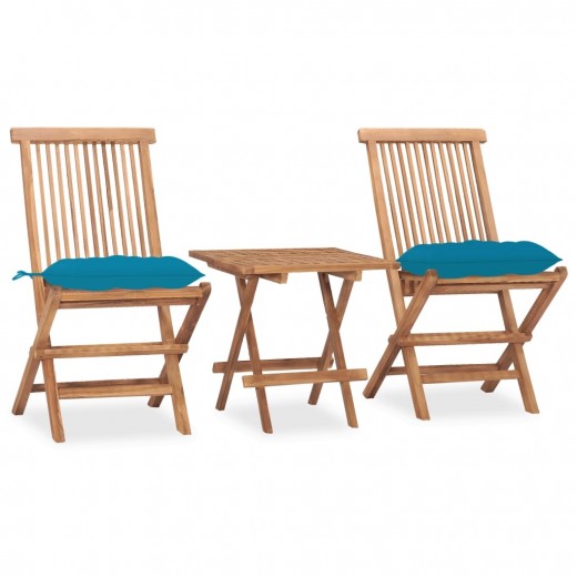 Set masa + 2 scaune pliabile pentru gradina / terasa, din lemn de tec, Gino Natural / Albastru Deschis, L50xl50xH50 cm