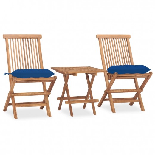 Set masa + 2 scaune pliabile pentru gradina / terasa, din lemn de tec, Gino Natural / Albastru Inchis, L50xl50xH50 cm