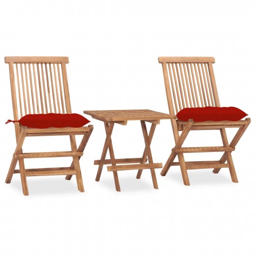Set masa + 2 scaune pliabile pentru gradina / terasa, din lemn de tec, Gino Natural / Rosu, L50xl50xH50 cm