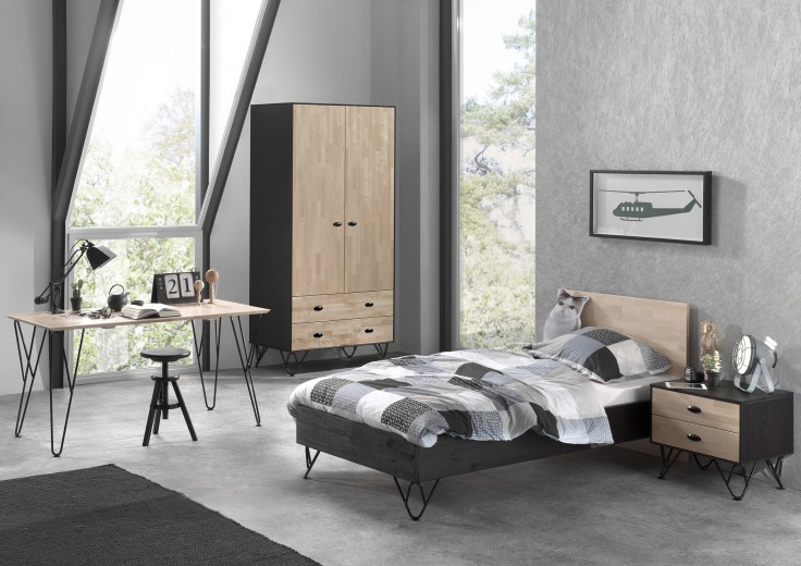 Set Mobila dormitor din lemn de pin si mesteacan, pentru copii 4 piese William Natural / Negru, 200 x 90 cm