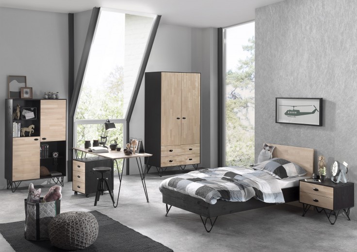 Set Mobila dormitor din lemn de pin si mesteacan, pentru copii 6 piese William Natural / Negru, 200 x 90 cm