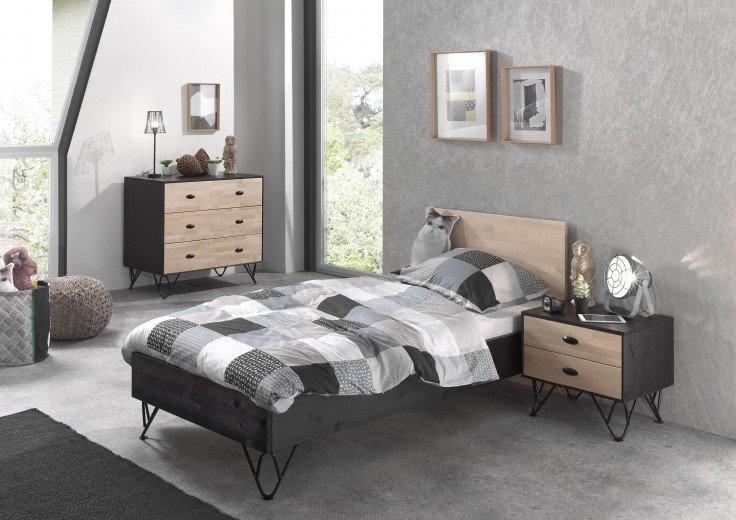 Set Mobila dormitor din lemn de pin si mesteacan, pentru copii 3 piese William Natural / Negru, 200 x 90 cm