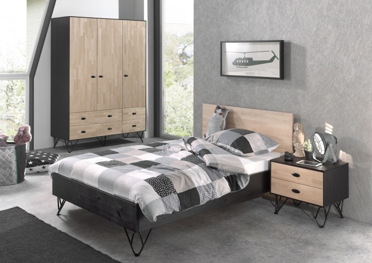 Set Mobila dormitor din lemn de pin si mesteacan, pentru tineret 3 piese William XL Natural / Negru, 200 x 120 cm