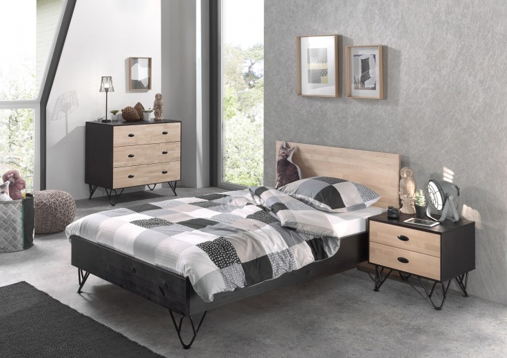 Set Mobila dormitor din lemn de pin si mesteacan, pentru tineret 3 piese William Natural / Negru, 200 x 120 cm