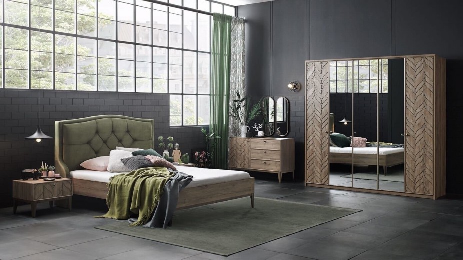 Set Mobila Dormitor din pal, cu pat 200 x 160 cm, 7 piese Piante Velvet Verde / Nuc