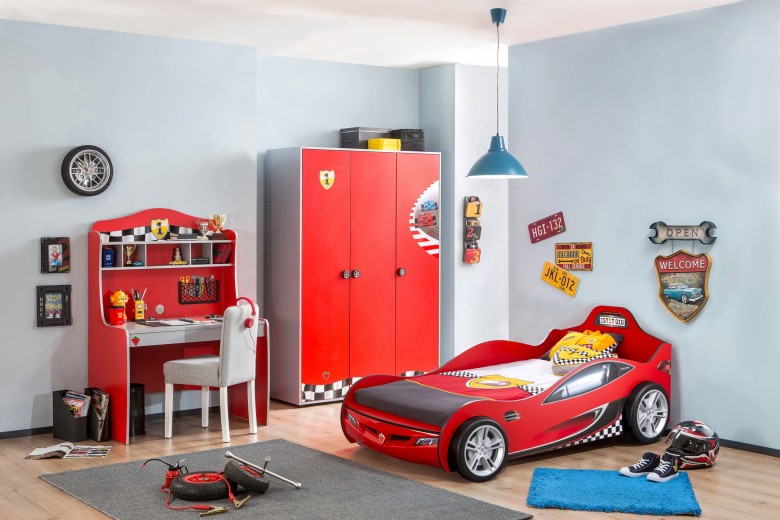 Set Mobila dormitor din pal, pentru copii, 3 piese, Race Cup Rosu / Albastru deschis, 190 x 90 cm