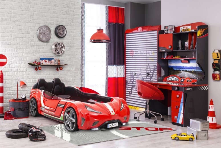 Set Mobila dormitor din pal, pentru copii 4 piese Champion Racer Red / Grey