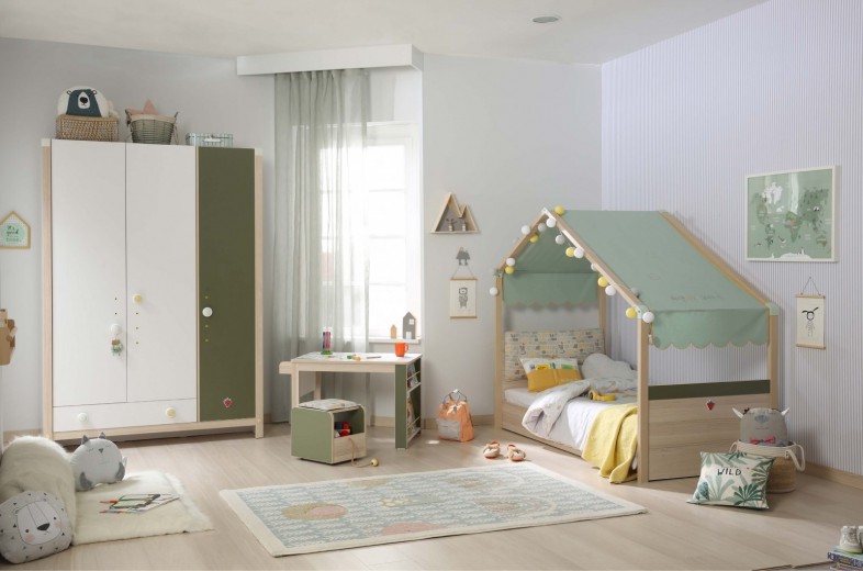 Set Mobila dormitor din pal, pentru copii 4 piese Montessori New Natural / Verde, 180 x 80 cm