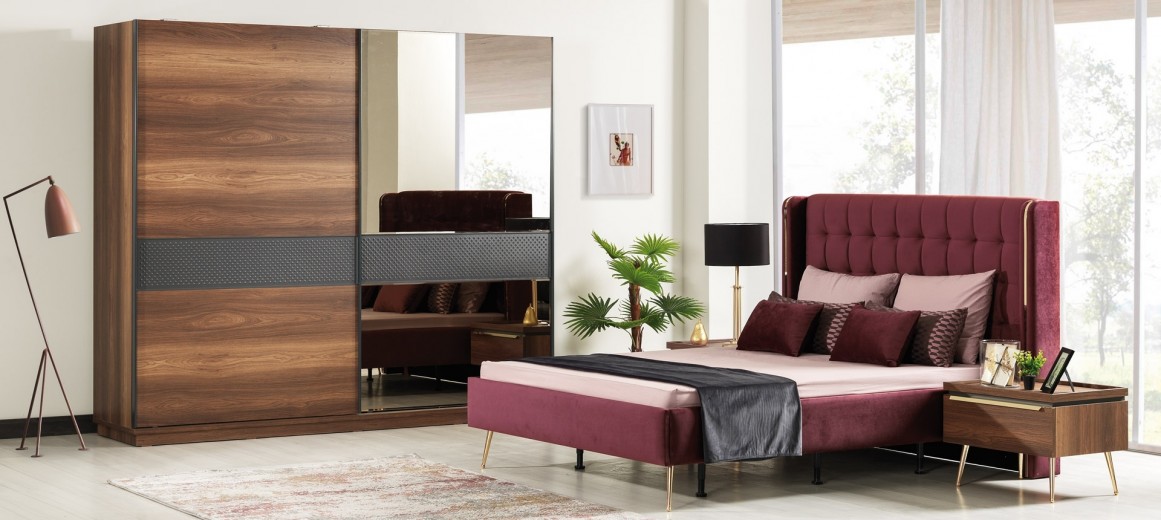 Set mobila dormitor din pal si metal, cu pat  200 x 160 cm, 6 piese Pietro Nuc / Auriu