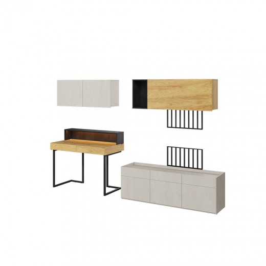 Set Mobilier Birou din pal, pentru copii si tineret, 7 piese, Teen Flex Set 09B Simple Small Natural / Gri / Negru