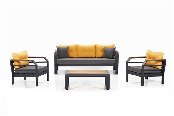 Set mobilier gradina / terasa Assento Outdoor Antracit / Galben, 2 fotolii + canapea 3 locuri + masa de cafea