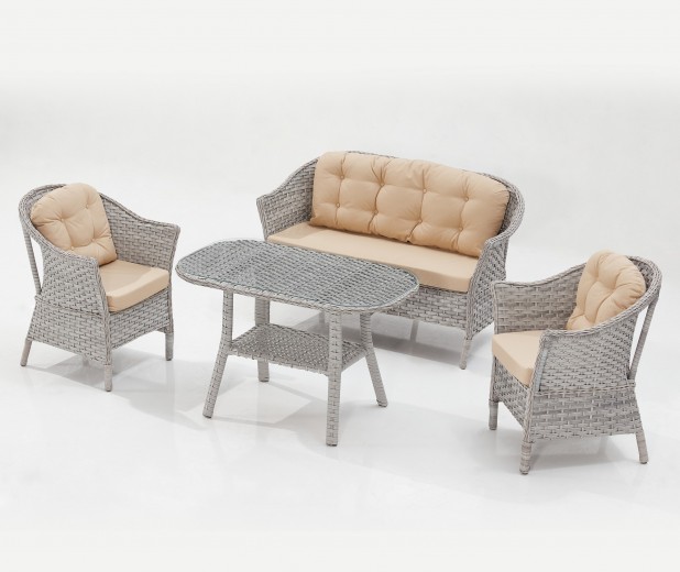 Set mobilier gradina / terasa Luna Fas Bej / Gri, 2 fotolii + canapea 2 locuri + masa de cafea