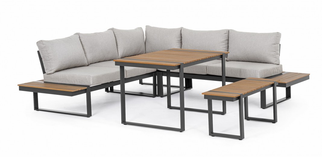 Set mobilier modular pentru gradina / terasa, Sven Gri / Natural / Antracit, coltar 5 locuri + masa + banca