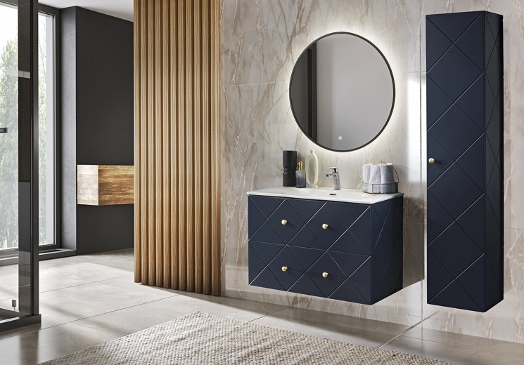 Set Mobilier pentru baie, din pal si MDF, 4 piese, 90 cm, Elegance Medium Bleumarin