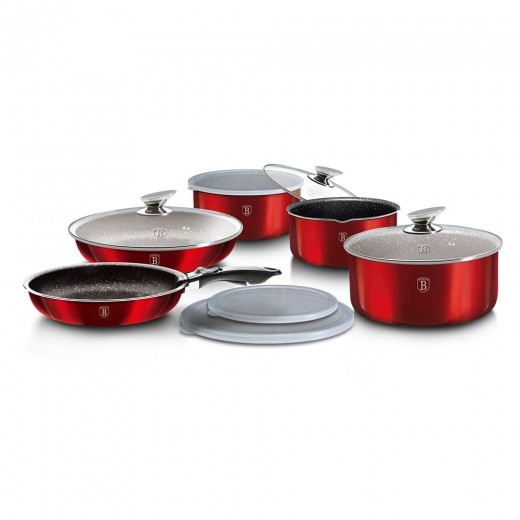 Set oale si tigai din aluminiu cu invelis antiaderent de marmura, 12 piese, Metallic Line Burgundy