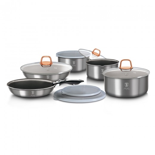 Set oale si tigai din aluminiu cu invelis antiaderent de titan, 12 piese, Moonlight Grey