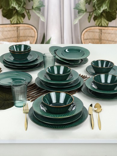 Set vesela din ceramica, Elegant Verde Inchis, 24 piese