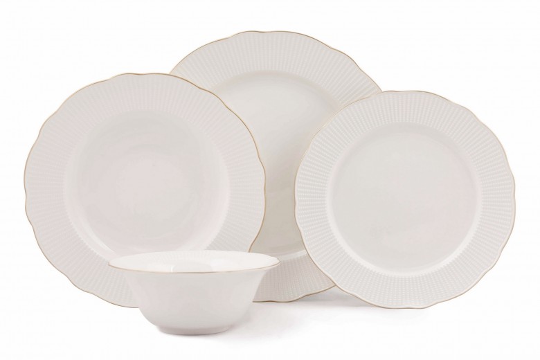Set vesela din portelan, Bainy Dinner Alb / Auriu, 24 piese