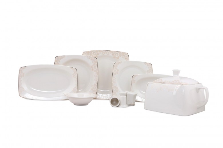 Set vesela din portelan, Marvina Dinner Alb / Auriu, 61 piese