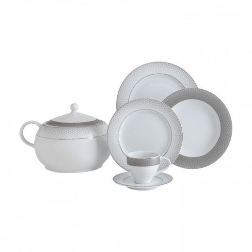 Set vesela din portelan, Zandra Dinner Alb / Argintiu, 84 piese