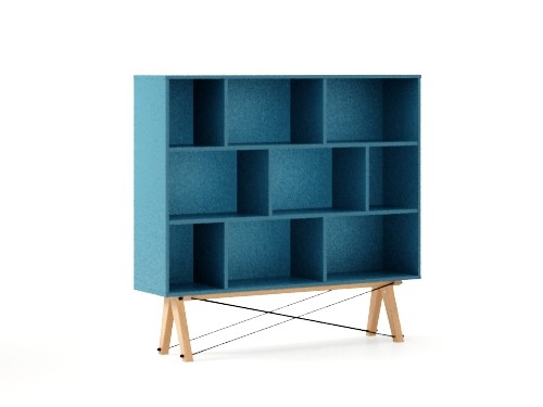 Biblioteca din lemn si pal Low Oceanic Blue / Beech, l140xA35xH130 cm