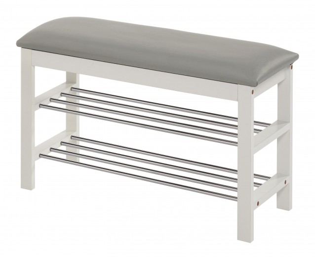 Suport incaltaminte din MDF, furnir si metal, cu sezut tapitat cu piele ecologica Stasis-11 Gri / Alb, l81xA31xH48 cm