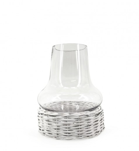Suport lumanare din sticla si rachita, Smith Small Transparent / Alb, Ø20xH24 cm