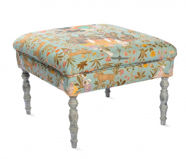 Taburet tapitat cu stofa, cu picioare din lemn Hindustan Multicolour / Vintage Grey, l50xA50xH35 cm