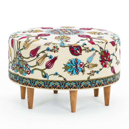 Taburet tapitat cu stofa si picioare din lemn, Rimini Multicolor, Ø65xH40 cm