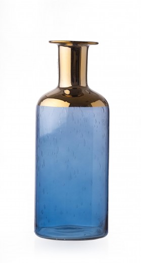 Vaza Corvo Blue / Gold, Sticla, Ø13xH32 cm