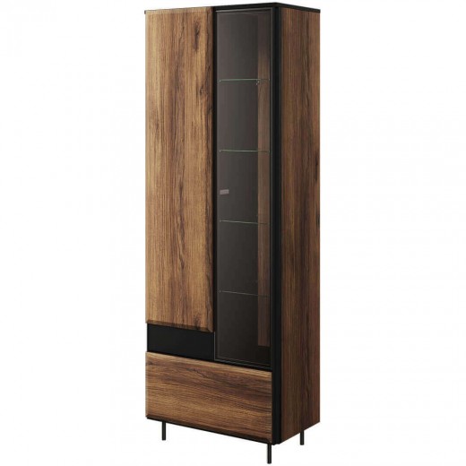 Vitrina din pal, cu 2 usi si 1 sertar, Borga 02 Small Stejar Catania / Negru, l70xA41xH197 cm