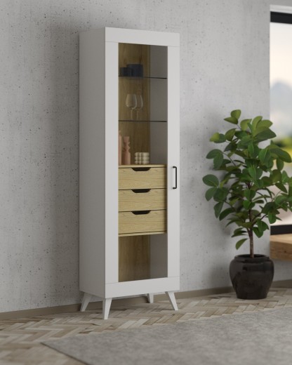 Vitrina din pal, cu 3 sertare si 1 usa, Barris 10 Nuc American / Alb Mat, l60xA42xH200 cm