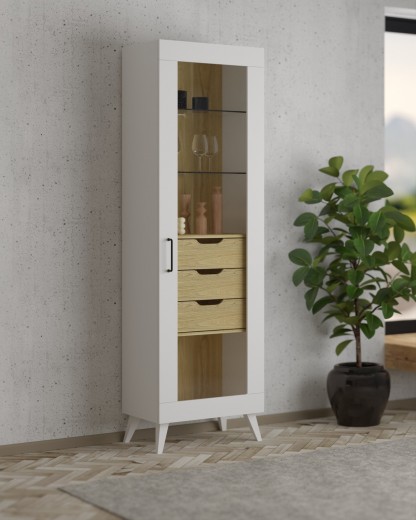 Vitrina din pal, cu 3 sertare si 1 usa, Barris 11 Nuc American / Alb Mat, l60xA42xH200 cm