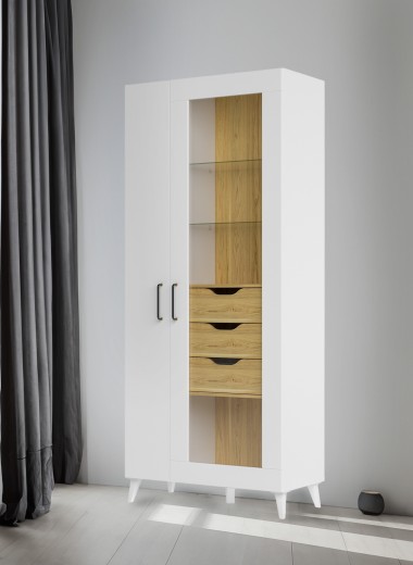 Vitrina din pal, cu 3 sertare si 2 usi, Barris 12 Big Nuc American / Alb Mat, l86xA42xH200 cm