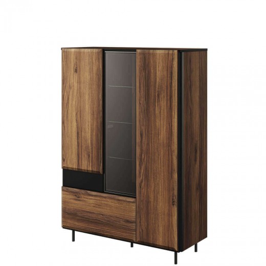 Vitrina din pal, cu 3 usi si 1 sertar, Borga 05 Large Stejar Catania / Negru, l100xA41xH143 cm