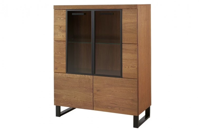 Vitrina din pal, furnir si lemn, cu 2 usi si LED inclus, Pratto 15 Small Stejar Rustic, l96xA42xH126 cm