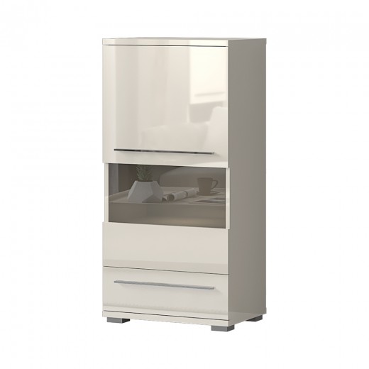 Vitrina din pal si MDF, cu 1 usa, 1 sertar si LED inclus, Piano I V60-1KS1F/PN Small Bej, l60xA40xH123 cm