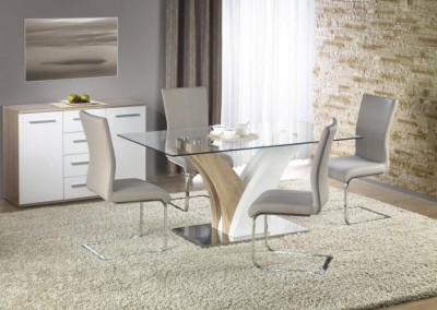 Set masa din sticla si MDF Vilma Sonoma Oak / White + 4 scaune Kai-219 Cappuccino, L160xl90xH76 cm